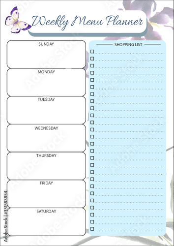 Printable weekly menu planner vector design