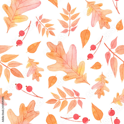 Autumn yellow leaves seamless pattern. Hand drawn watercolor flat floral wallpaper