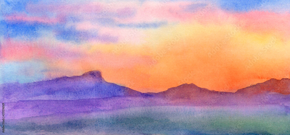 Sunset in the mountains. Watercolor drawing, mountain landscape. Space for text
