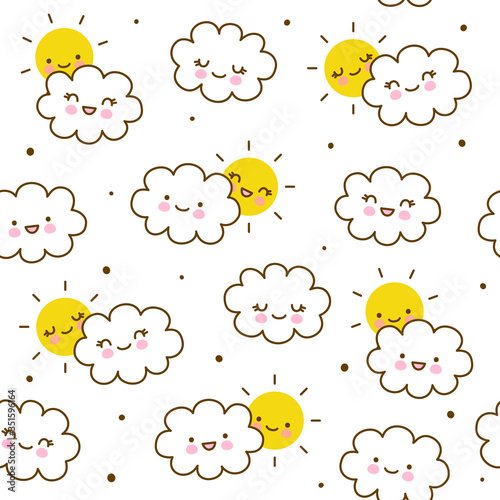 Seamless pattern with cute little clouds with sun - kawaii background for kids textile design
