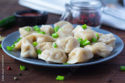 dumplings on a plate, decorated with green onions
