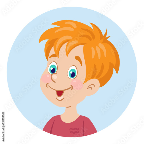 Avatar icon of a red-haired  little boy. Portrait in the circle. In cartoon style. Isolated on white background. Vector flat illustration.