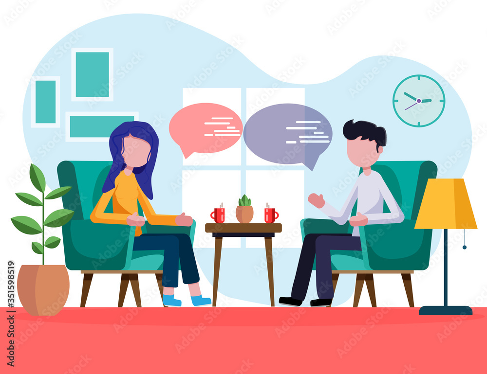 Man and woman are sitting in armchairs and talking. Characters flat, cartoon, vector illustration. The guy and the girl are talking at home. At breakfast, young people discuss