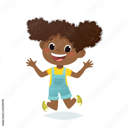 Vector afro american girl jumping and laughing. Cartoon character design, isolated on white background.