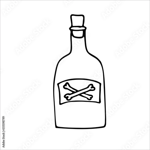Bottle of rum and bone.  Pirates emblems. Hand drawn illustration in Doodle style. Vector illustration