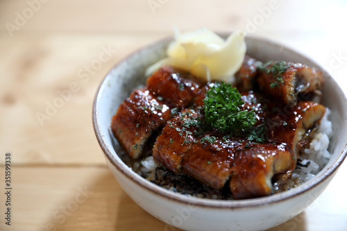 japanese food , Chicken teriyoki with rice on wood background