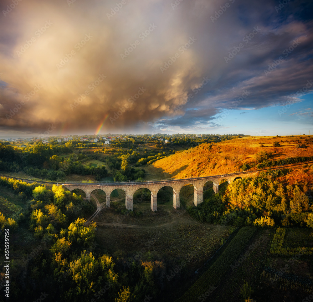 Aerial view of old viaduct. Location Ukraine, Europe. Drone photography.