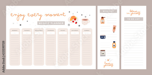 Weekly planner with motivation phrases. Enjoy every moment, love yourself, believe in yourself. Wish list, to do list. Set of stationery digital prints. Follow your dreams. Flat lay, organizer mock up