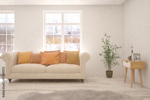 White living room with sofa and winter landscape in window. Scandinavian interior design. 3D illustration