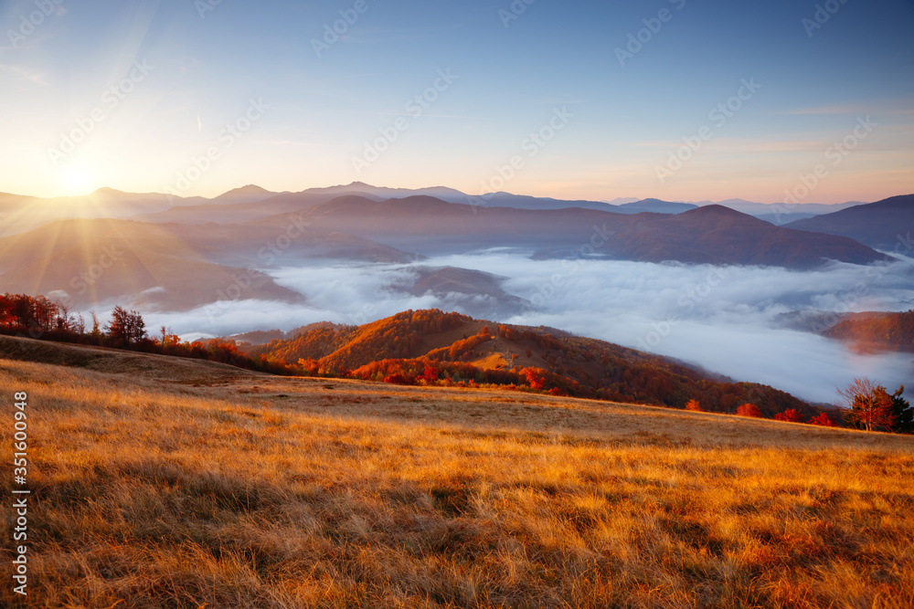 Attractive morning moment in alpine countryside. Magical sunset.
