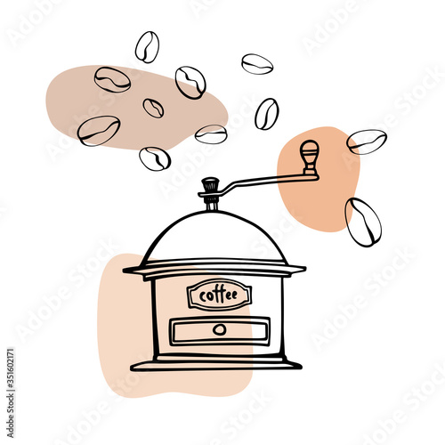 Grinder and coffee beans. Hand drawn line art sketch. Black and white vector illustration on colourful blobs background.
