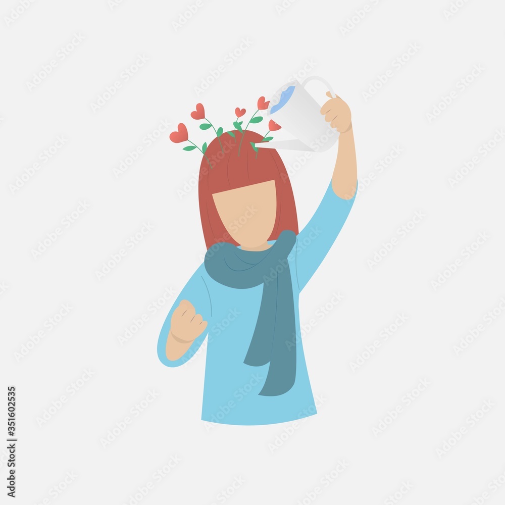 self care and self compassion concept,Woman or girl watering it on her head from a watering can,Red heart shaped flower,Add freshness and confidence,Vector illustration. self care and self compassion concept,Woman or girl watering it on her head from a watering can,Red heart shaped flower,Add freshness and confidence,Vector illustration.