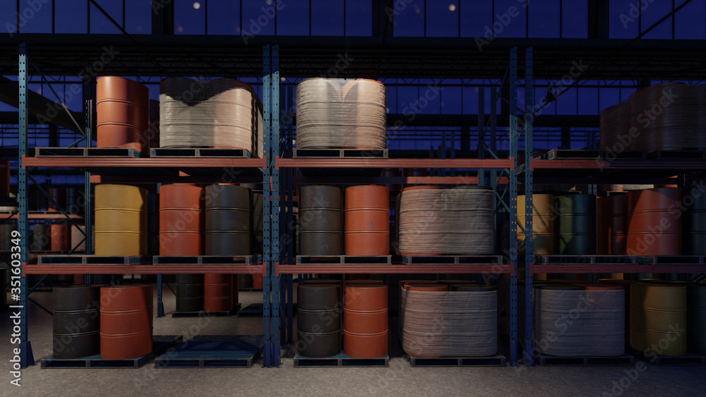 Steel Barrels in Various Colors Inside a Dimly Illuminated Warehouse at Night 3D Rendering Steel Barrels in Various Colors Inside a Dimly Illuminated Warehouse at Night 3D Rendering