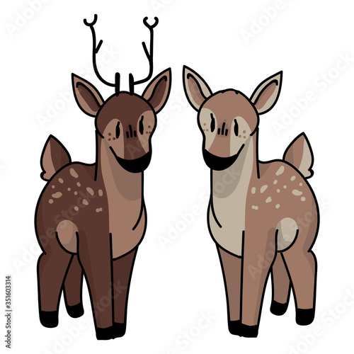 Cute forest doe and buck vector illustration. Buck deer with antlers. Childlish hand drawn doodle style. For game animal decor, boho kids fashion, trendy doodle woodland graphic design. 