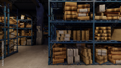Cardboard Boxes Stored Inside an Illuminated Warehouse 3D Rendering