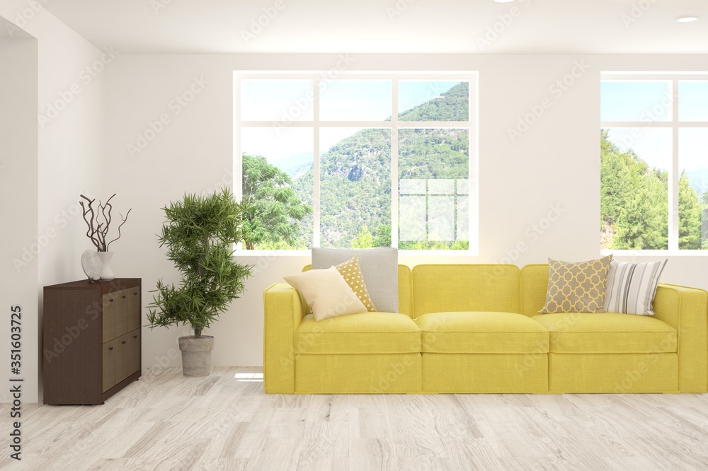 White living room with sofa and summer landscape in window. Scandinavian interior design. 3D illustration White living room with sofa and summer landscape in window. Scandinavian interior design. 3D illustration