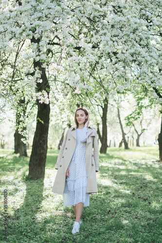 Beautiful young girl walks in the park, flowering trees, spring, sunny weather. Girl in a white dress. Blooming trees, beautiful nature, summer. Style, freedom, clothes