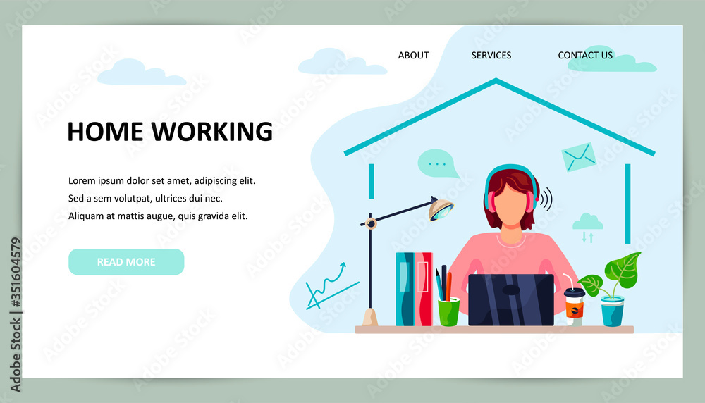Female person is working on laptop at home. Freelance concept. Place for text. Flat cartoon style design. Vector illustration.