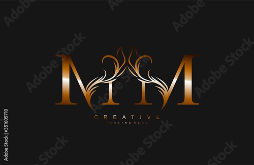 MM Linked Artistic Gradient Gold Flourish Swoosh Shape Logotype