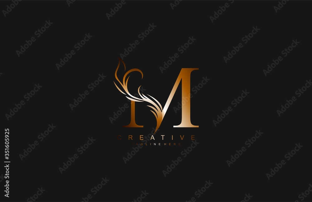 M Linked Artistic Gradient Gold Flourish Swoosh Shape Logotype M Linked Artistic Gradient Gold Flourish Swoosh Shape Logotype