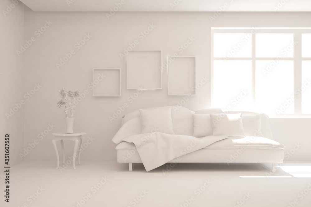 White minimalist living room with sofa. Scandinavian interior design. 3D illustration