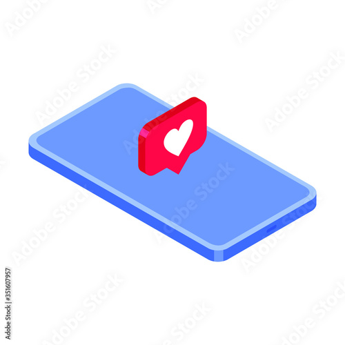 Heart and phone, Like icon, vector symbol in flat isometric 3D style isolated on white background. Social media illustration.