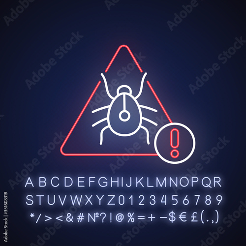 Computer virus neon light icon. Suspicious malware. Bug warning. Internet hacking. Outer glowing effect. Sign with alphabet, numbers and symbols. Vector isolated RGB color illustration
