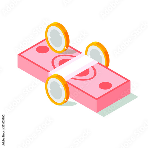 Set Of Money Banknotes And Coin. Isometric Design. Stack of cash symbol flat style isometric illustration. Gold coins with dollar sign. Vector Illustration