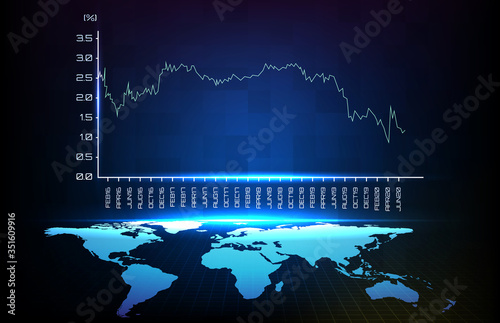 Abstract background blue histotaical percent of yield and world map