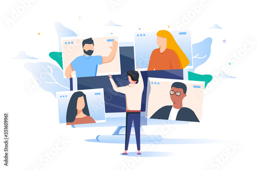 Illustrations flat design concept video conference. online meeting work form home. Vector illustrate.