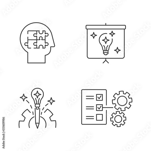 Creative approach pixel perfect linear icons set. Business project. Presentation of finalized report. Customizable thin line contour symbols. Isolated vector outline illustrations. Editable stroke