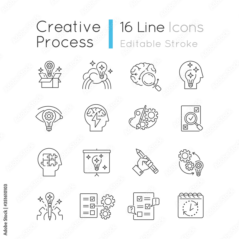 Creativity pixel perfect linear icons set. Idea generation. Imagination of creative artist mind. Customizable thin line contour symbols. Isolated vector outline illustrations. Editable stroke