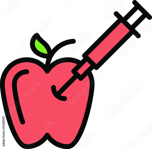 Bioengineered foods Vector Color Icon Concept Design, Syringe injecting apple. GMO and laboratory studies concept, 