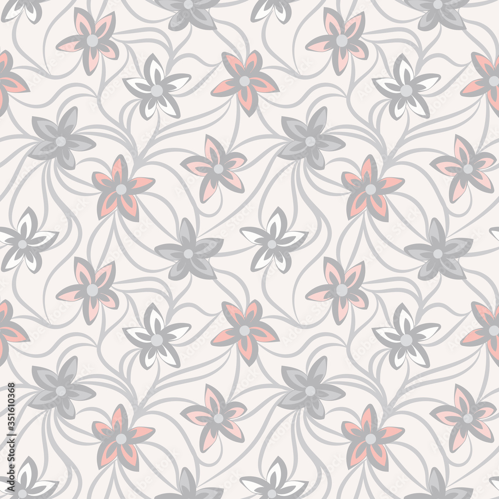 Floral netting seamless vector pattern in light colors. Calm feminine surface print design. For backgrounds, textures, fabrics, stationery, packaging. Good for welness, wedding and natural products.