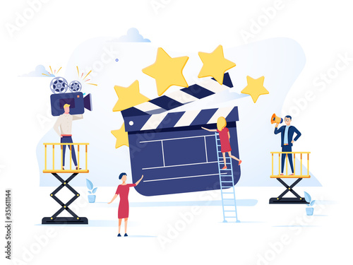 Movie Making Process Concept. Operator Using Camera and Staff with Professional Equipment Recording Film with Actors.
