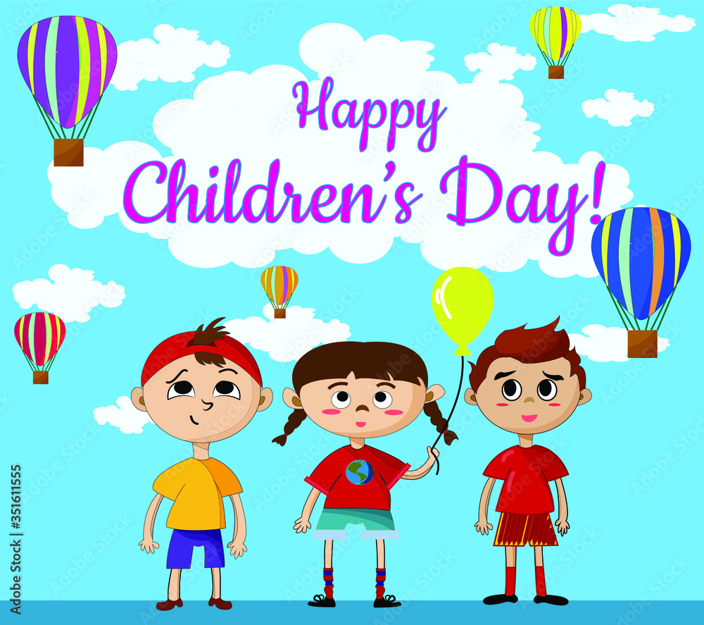 Vector illustration to World Children's day. Air balloons in the blu sky. Children are celebrating Vector illustration to World Children's day. Air balloons in the blu sky. Children are celebrating
