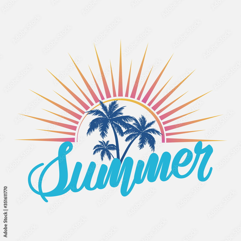 Naklejka premium Summer logo template with hand lettering, emblem, sticker, badge. Summer illustration with the sun and palm trees.
