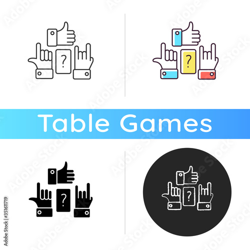 Charades icon. Traditional team play, party amusement. Linear black and RGB color styles. Recreational activity for friends and family. Question and hand signs isolated vector illustrations
