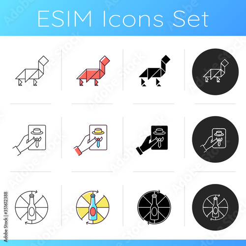 Entertainment games icons set. Popular recreational activities. Tangram puzzle, guess game and spinning bottle. Linear, black and RGB color styles. Games played for fun. Isolated vector illustrations