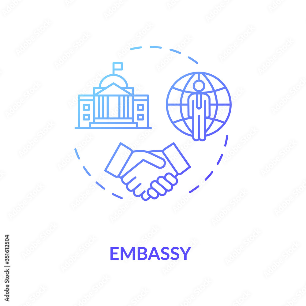 Embassy concept icon. Diplomatic mission idea thin line illustration. International relations. Foreign countries partnership. Vector isolated outline RGB color drawing Embassy concept icon. Diplomatic mission idea thin line illustration. International relations. Foreign countries partnership. Vector isolated outline RGB color drawing