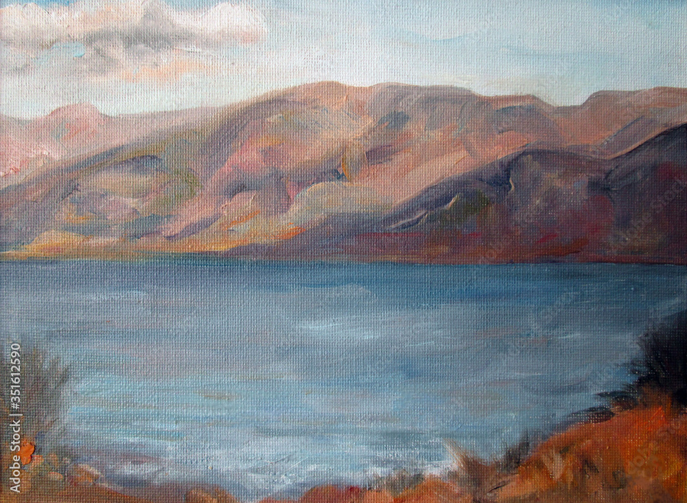 mountains of Crete, sea landscape, oil painting
