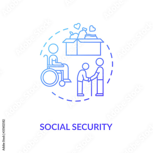 Social security concept icon. People in need help. Old age pensioners support. Voluntary service. Food donation idea thin line illustration. Vector isolated outline RGB color drawing