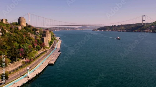 Fatih Sultan Mehmet Bridge, Second Bosphorus Bridge from Istanbul Turkiye. Aerial view.