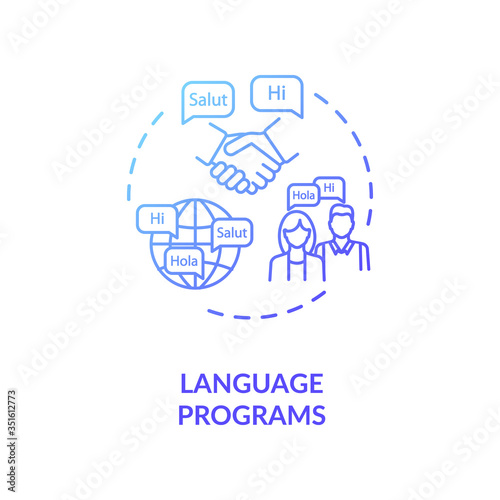 Language programs concept icon. Native speaker lesson. Multilingual society. Linguistics university department idea thin line illustration. Vector isolated outline RGB color drawing