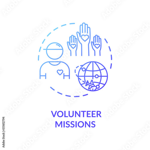 Volunteer mission concept icon. People in need worldwide support. Voluntary abroad service. Charity organization idea thin line illustration. Vector isolated outline RGB color drawing