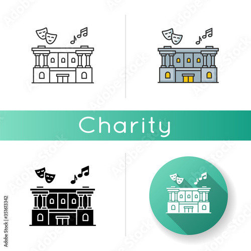 Cultural center icon. Theater performance. Opera modern building exterior. Classic architecture. Entertainment event. Drama concert. Linear black and RGB color styles. Isolated vector illustrations
