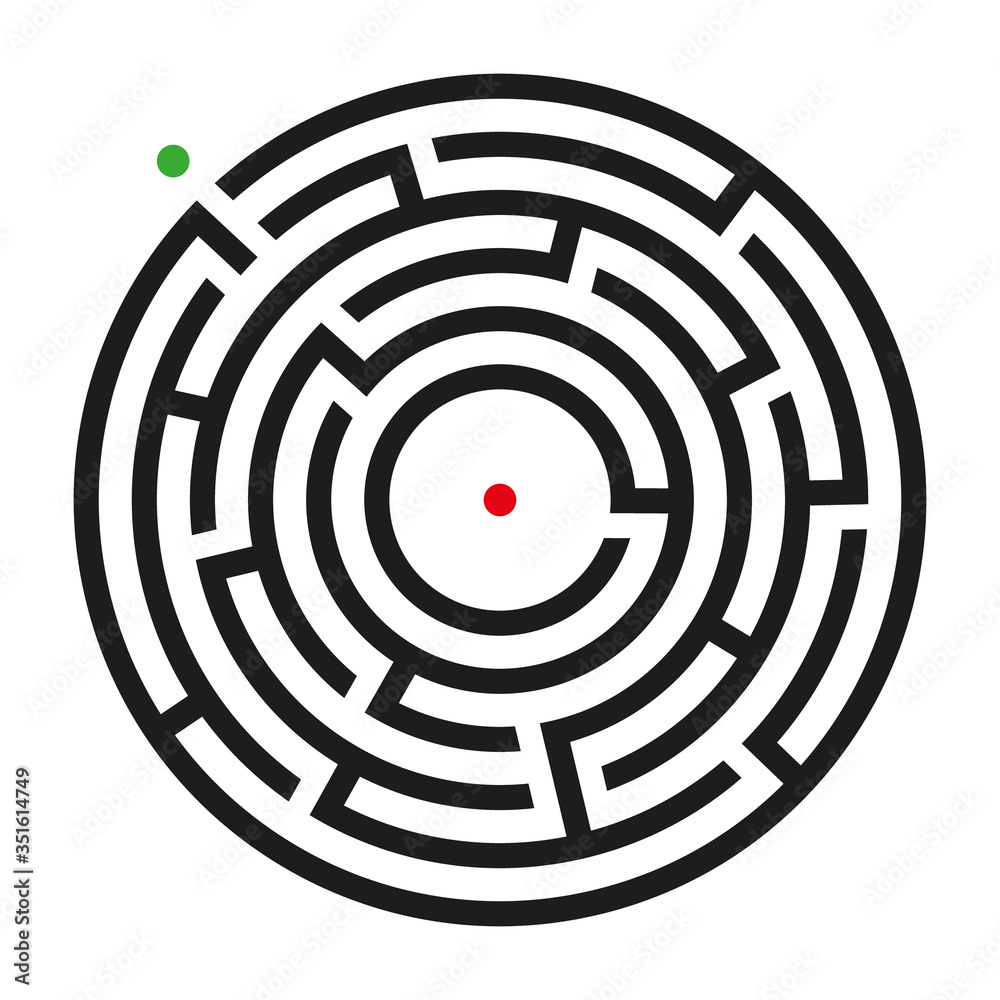 Black circle vector maze isolated on white background. Black round labyrinth with green entrance and red target. Vector maze icon. Labyrinth symbol. Circle puzzle