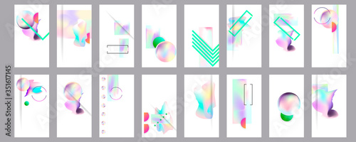 Gradient mesh cover set of backgrounds texture foil pearl shades. Abstract stylish gradient with holographic foil. 90s, 80s retro style