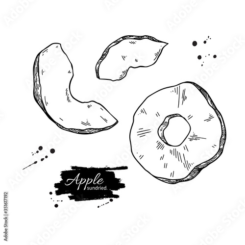 Dried apple chips vector drawing. Hand drawn dehydrated fruit ring and slices.