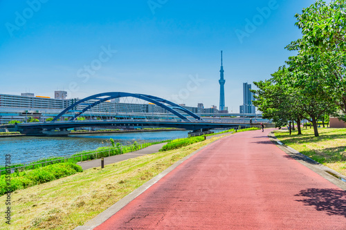 東京 汐入公園 隅田川沿いの遊歩道 水神大橋